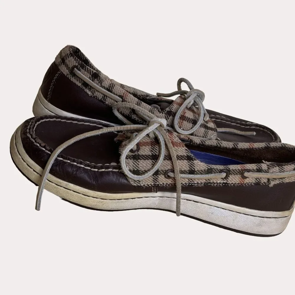 Sperry Top Sider Mens Loafers Boat Shoes Leather Plaid Brown 8 M